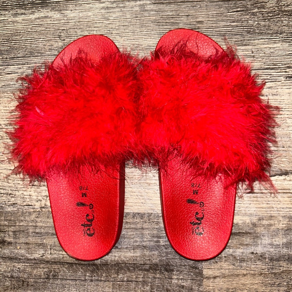 Red Faux Fur Slides